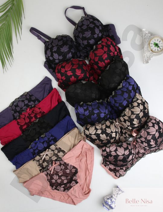 Elegant Padded Leaf Lace Bra & Panty Set – Colorful & Feminine